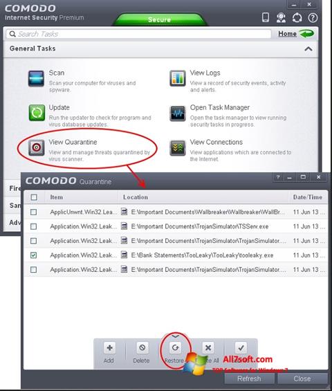 Στιγμιότυπο οθόνης Comodo Internet Security Windows 7